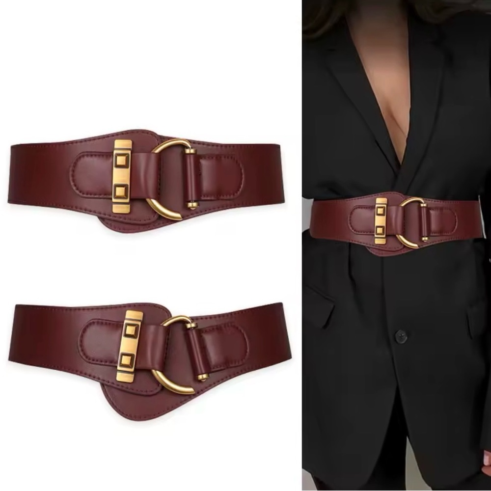 Elegant Brown PU Leather Elastic Wide Belt with Gold Buckle